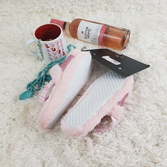 BEBE Plush Pink Glitter Logo Flip Flop Sandals 4/5 - Picture 4 of 4